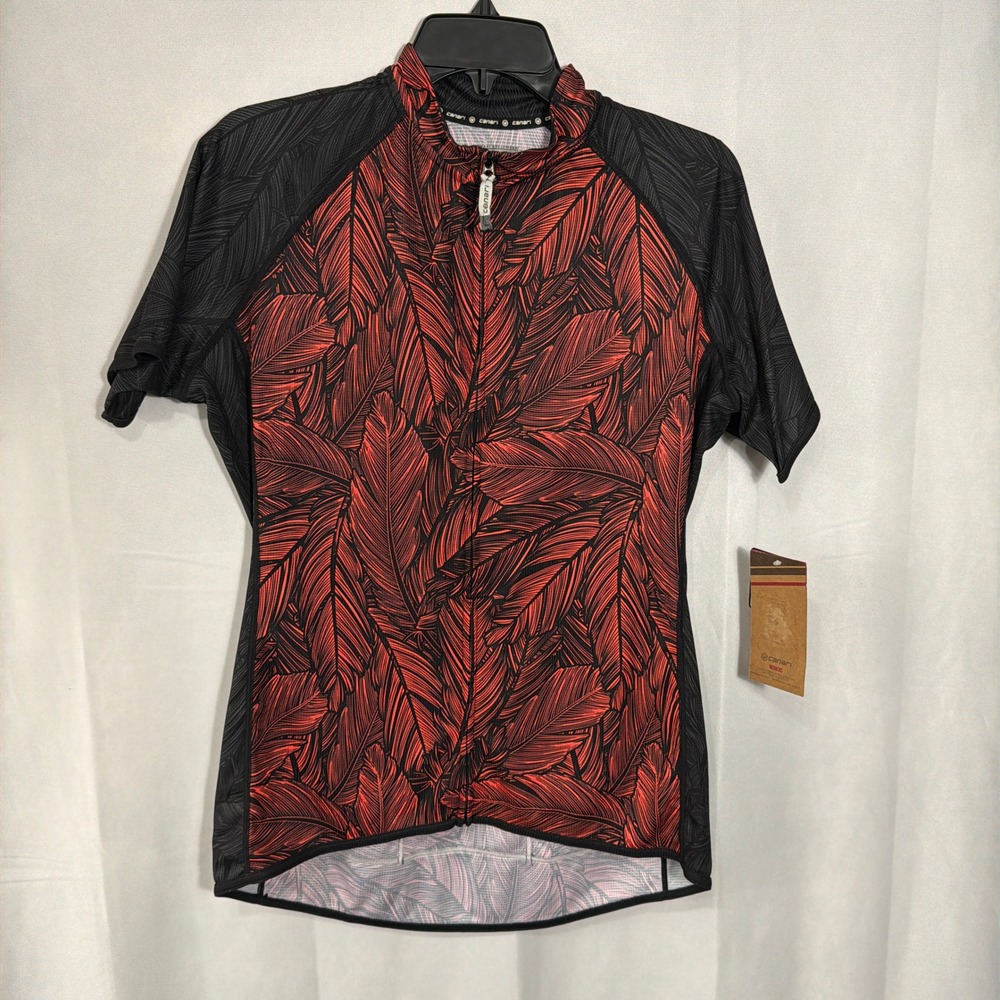Canari Cycling Jersey XL NWT Leaf Feather Print Full Zip Short Sleeve Red Black